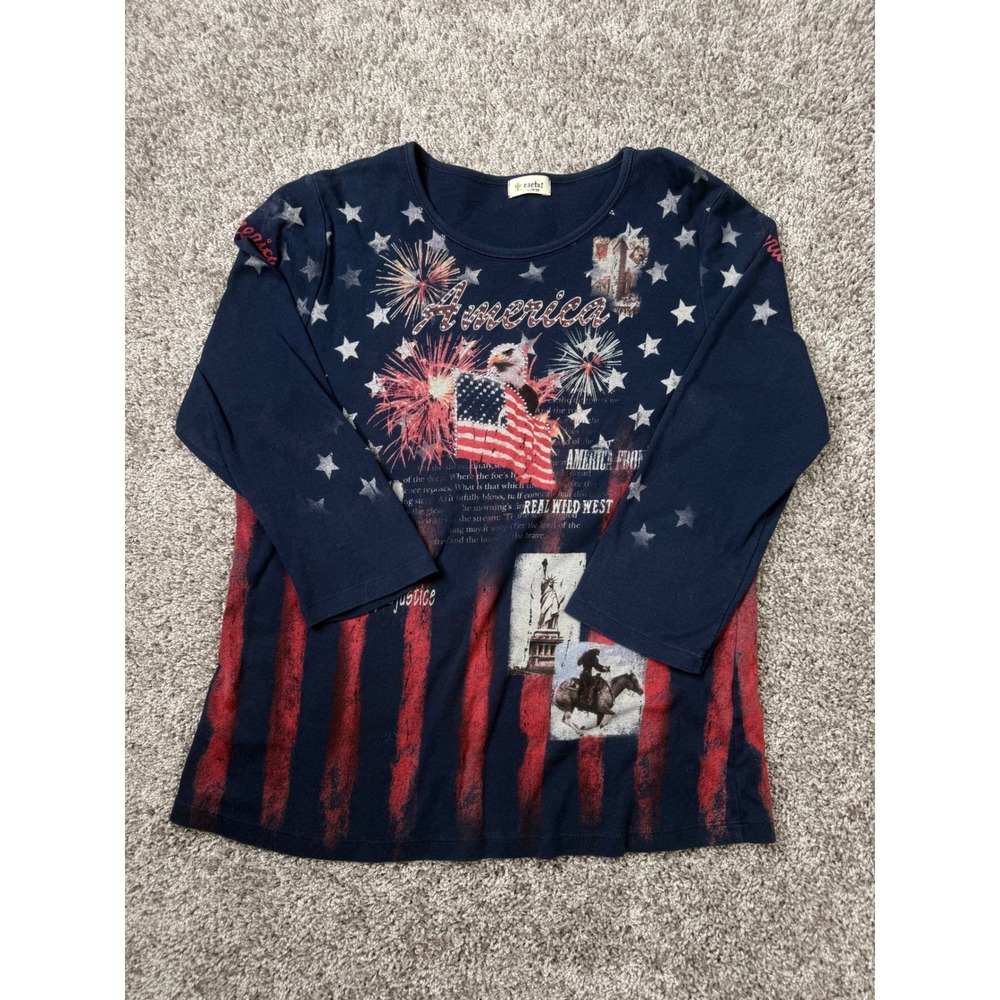 Cactus Women XL Americana T-Shirt Y2K Vintage Patriotic Eagle Western Stars Navy